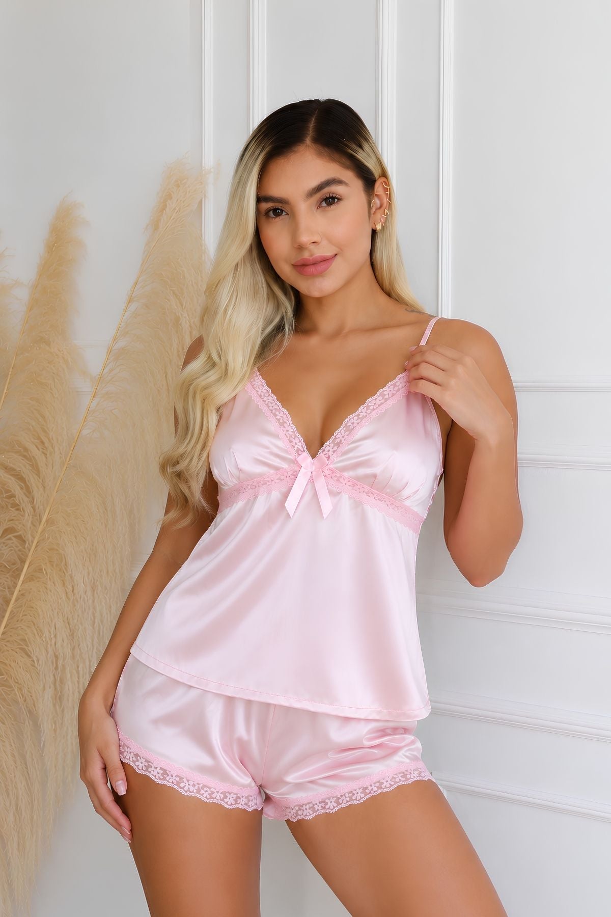 PIJAMA SATIN BLONDA TIRAS SHORT ROSA