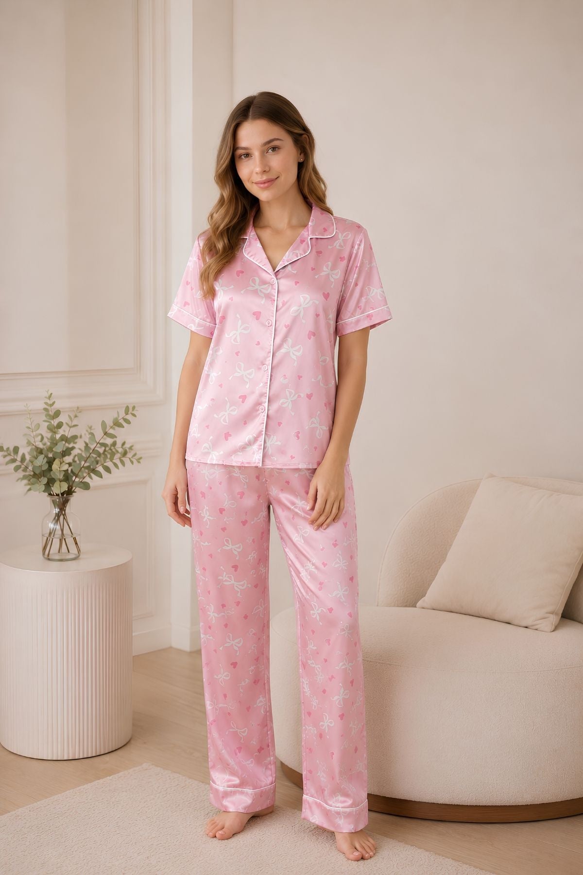 PIJAMA SATIN PANTALON MANGAS LAZOS PINK