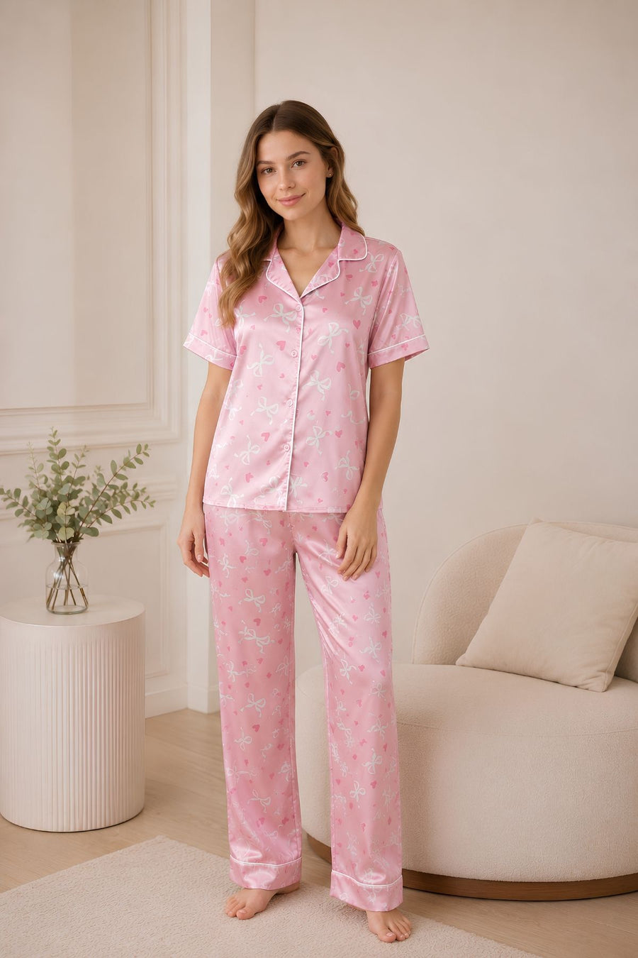 PIJAMA SATIN PANTALON MANGAS LAZOS PINK