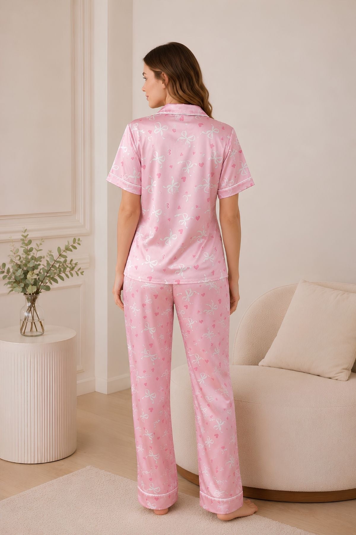 PIJAMA SATIN PANTALON MANGAS LAZOS PINK