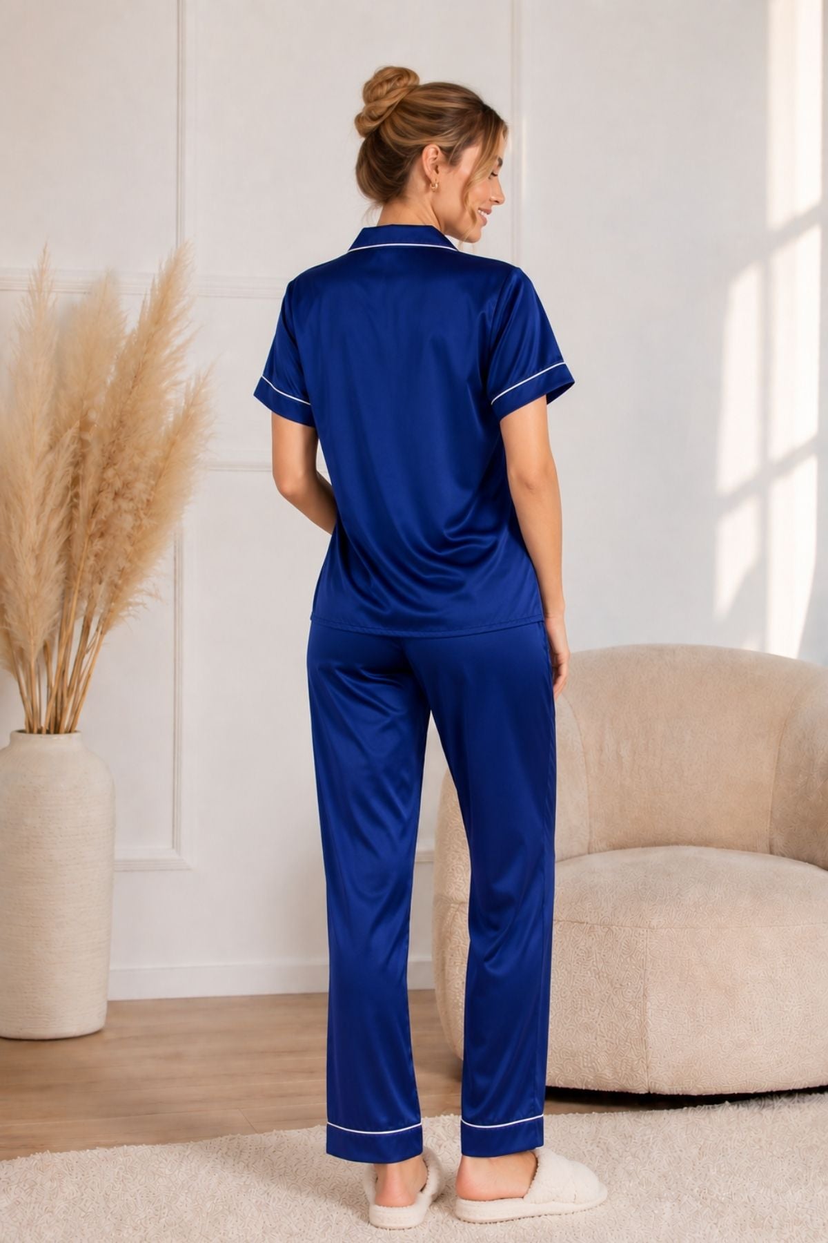 PIJAMA SATIN PANTALON MANGAS AZUL REY
