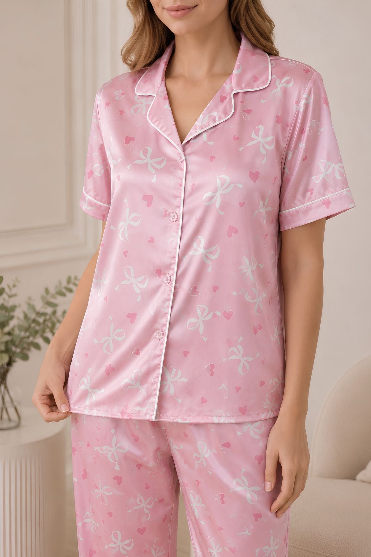 PIJAMA SATIN PANTALON MANGAS LAZOS PINK