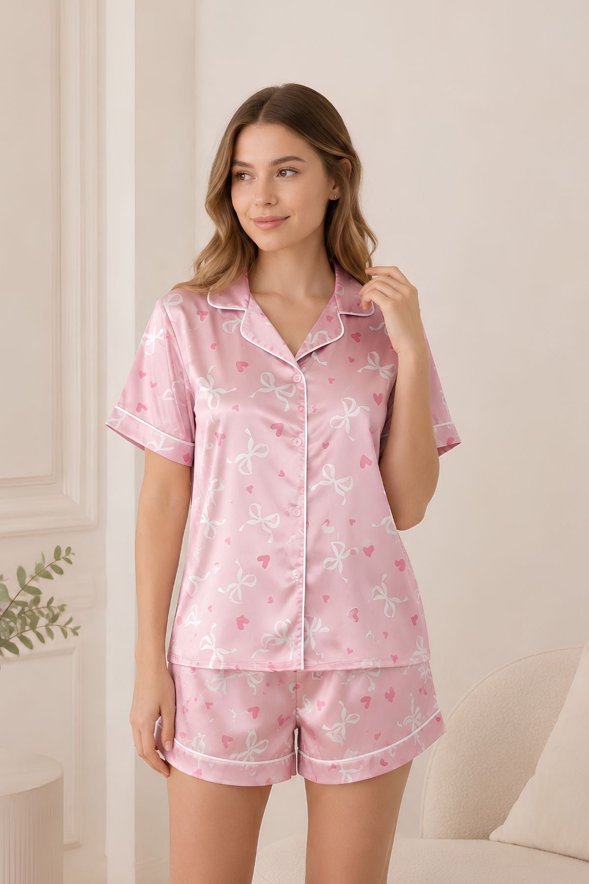 PIJAMA SATIN SHORT MANGAS LAZOS PINK