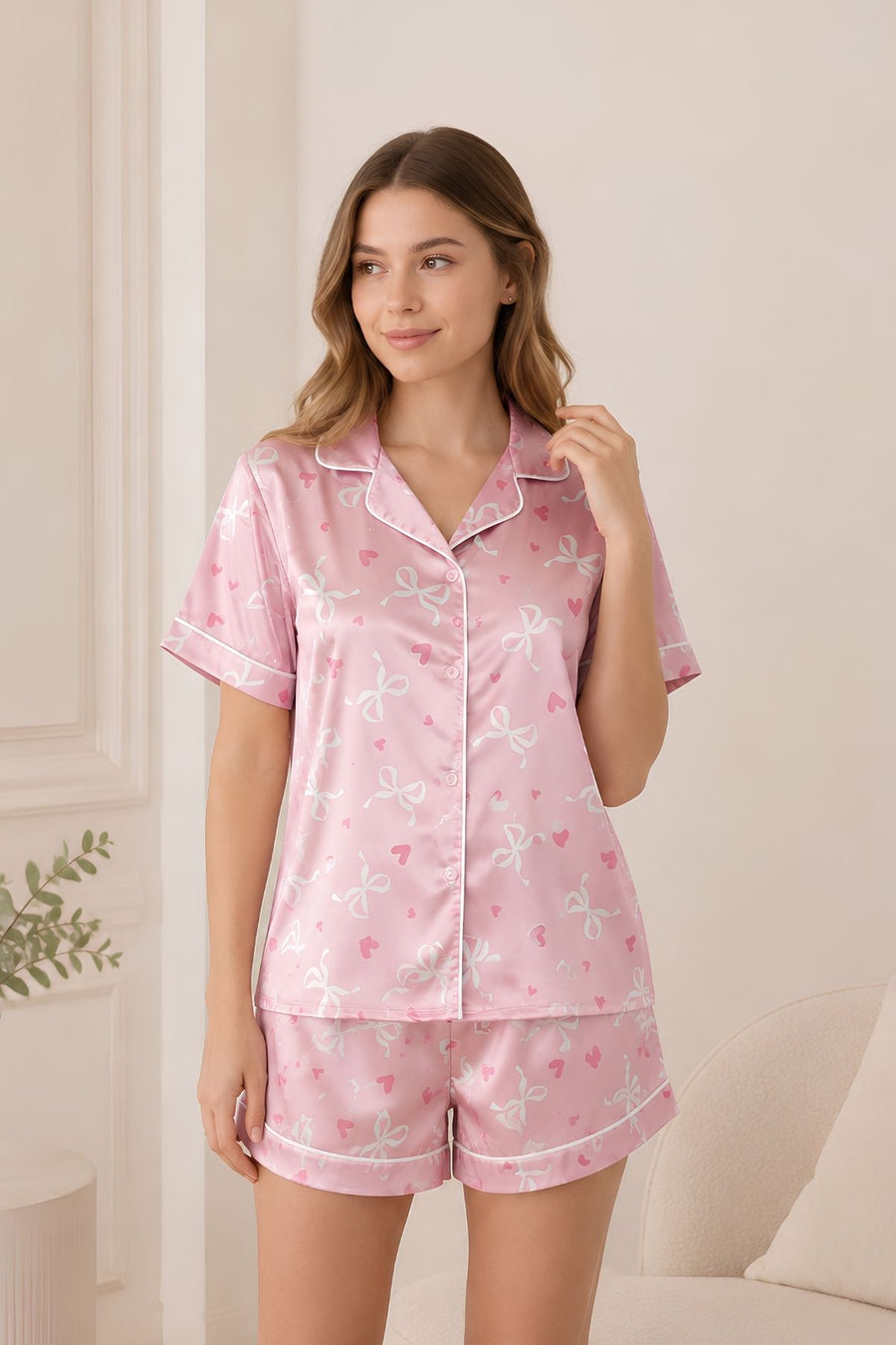 PIJAMA SATIN SHORT MANGAS LAZOS PINK