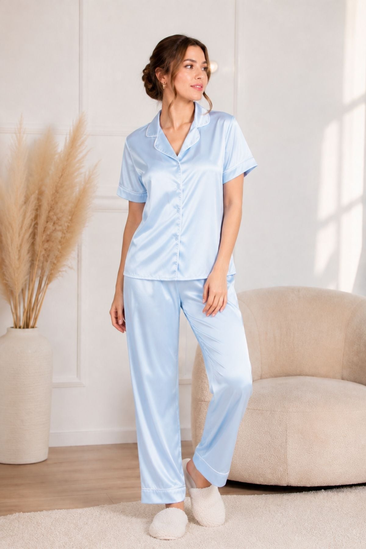 PIJAMA SATIN PANTALON MANGAS CELESTE