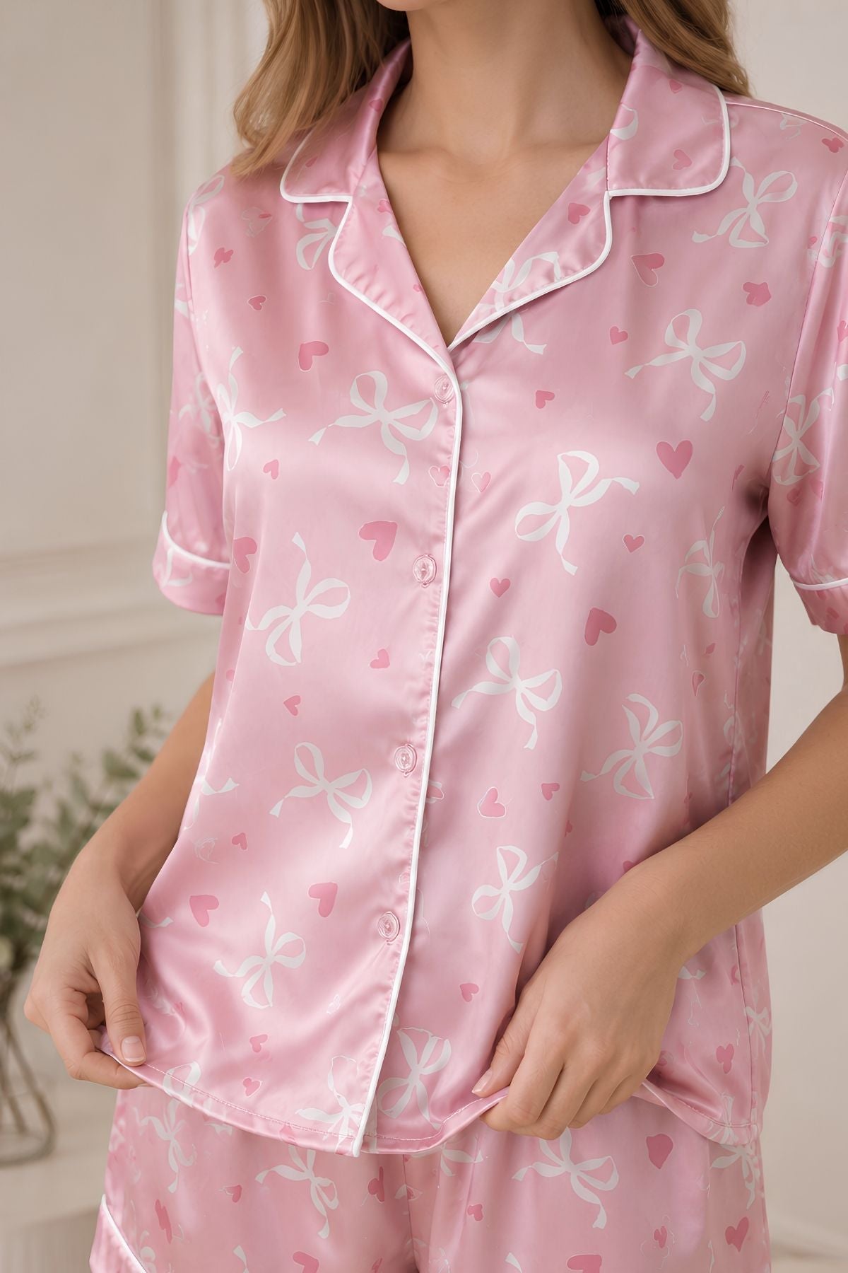 PIJAMA SATIN SHORT MANGAS LAZOS PINK
