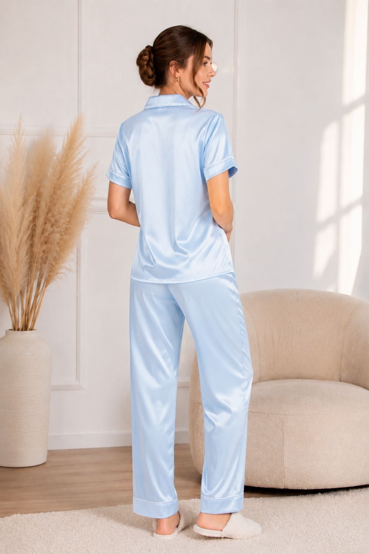 PIJAMA SATIN PANTALON MANGAS CELESTE