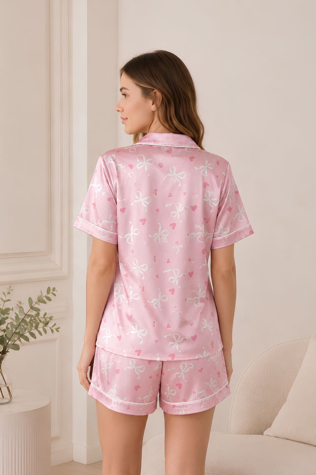 PIJAMA SATIN SHORT MANGAS LAZOS PINK