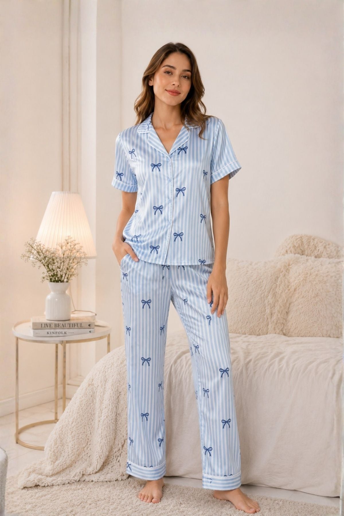 PIJAMA SATIN PANTALON LAZOS BLUE