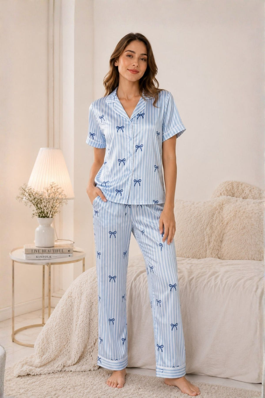 PIJAMA SATIN PANTALON LAZOS BLUE