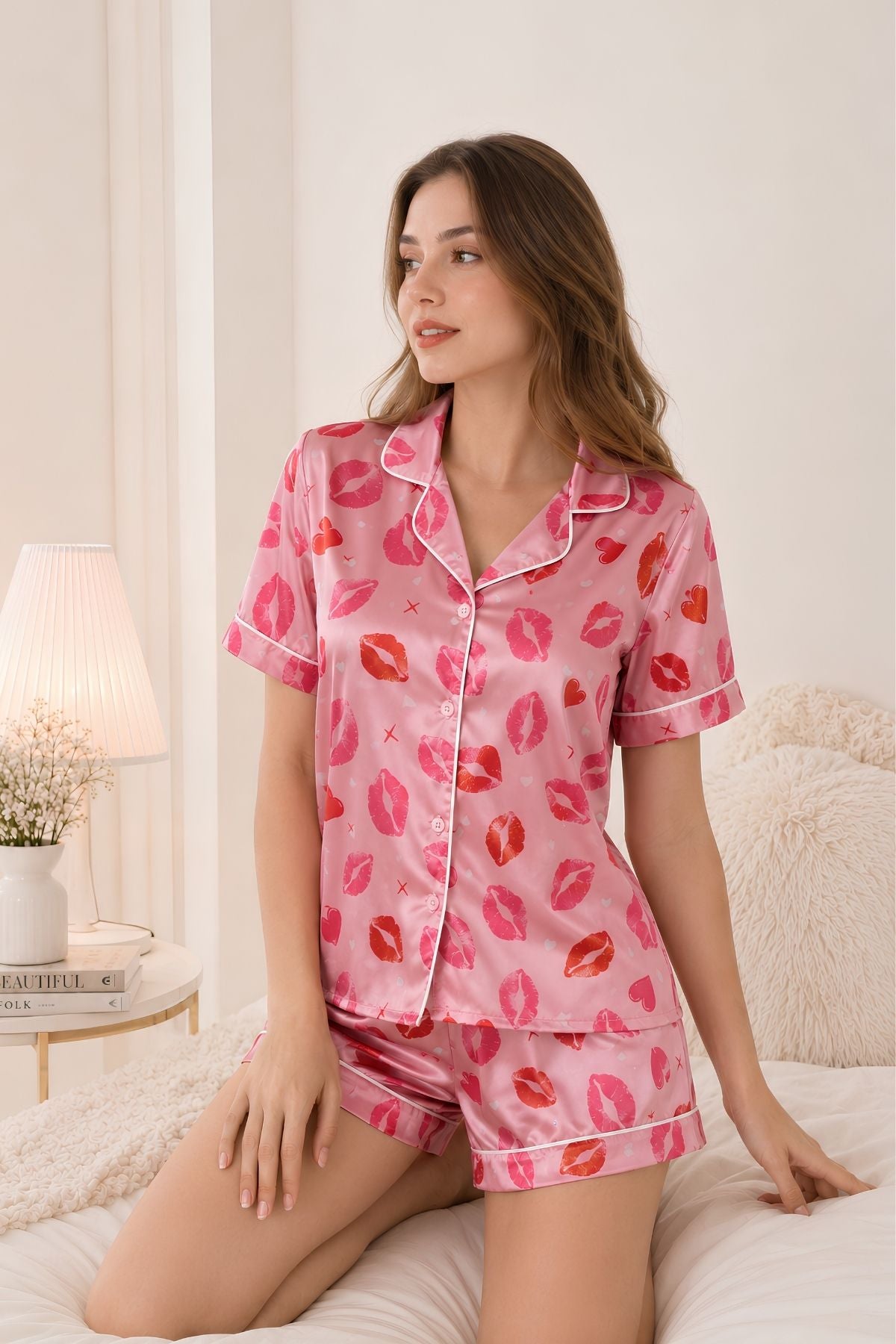 PIJAMA SATIN SHORT MANGAS KISSES