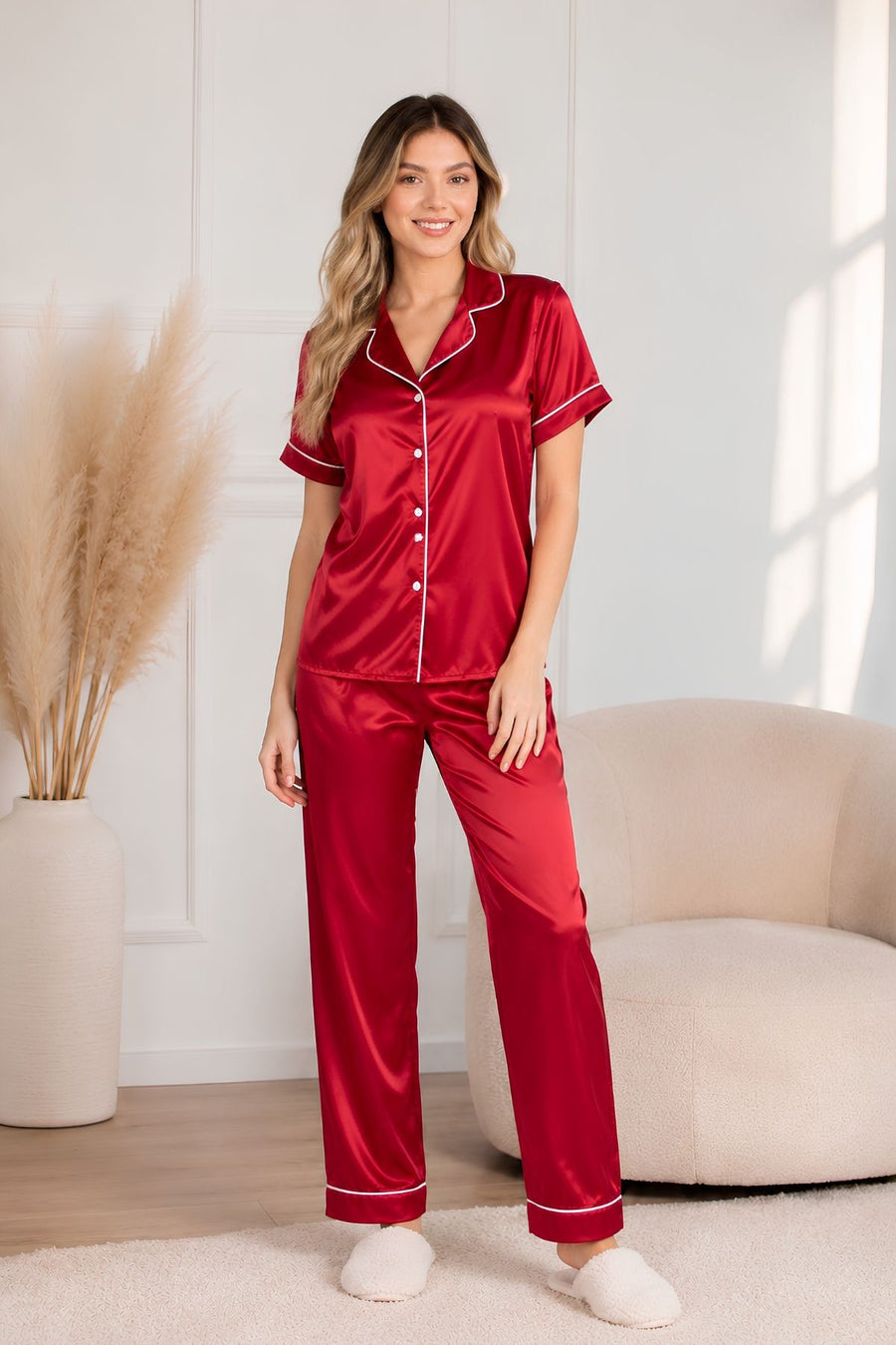 PIJAMA SATIN PANTALON MANGAS ROJA