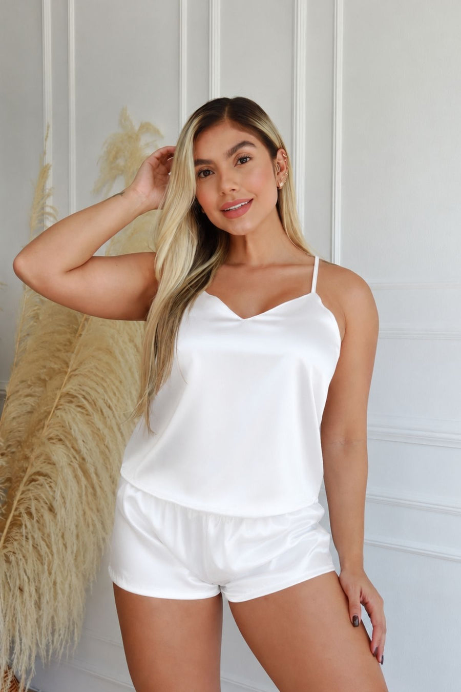 PIJAMA SATIN SHORT TIRAS BLANCO