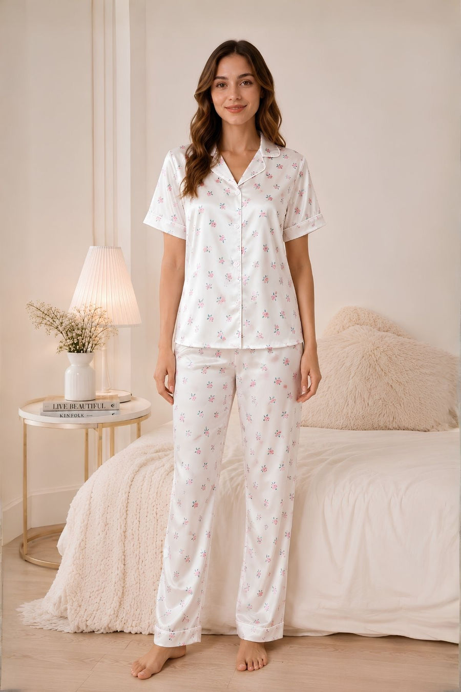 PIJAMA SATIN PANTALON MANGAS FLORES