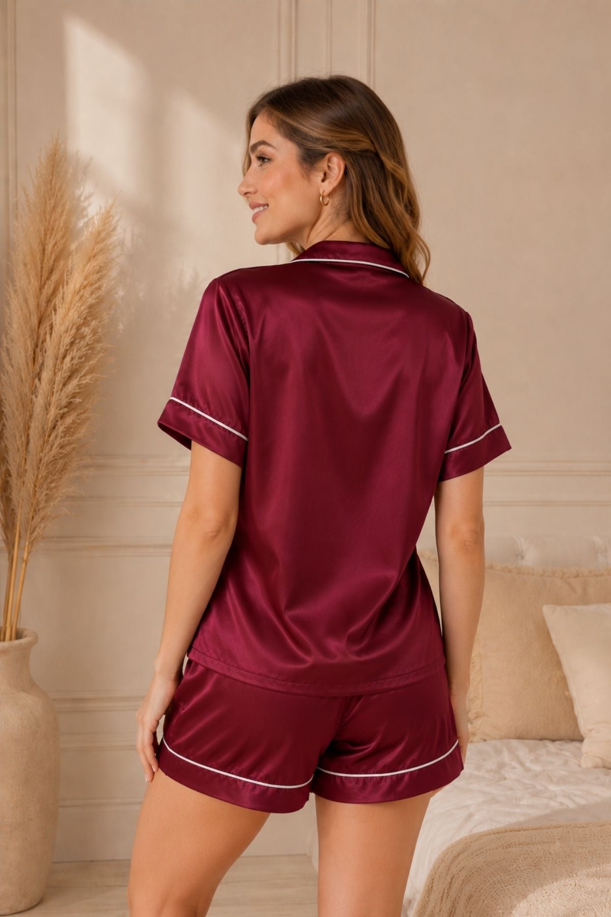 PIJAMA SATIN SHORT MANGAS VINO TINTO