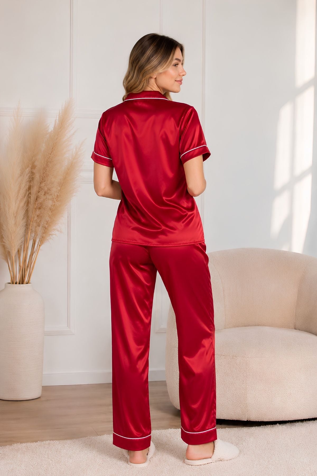 PIJAMA SATIN PANTALON MANGAS ROJA
