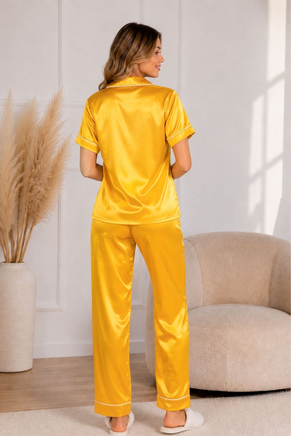 PIJAMA SATIN PANTALON MANGAS AMARILLO
