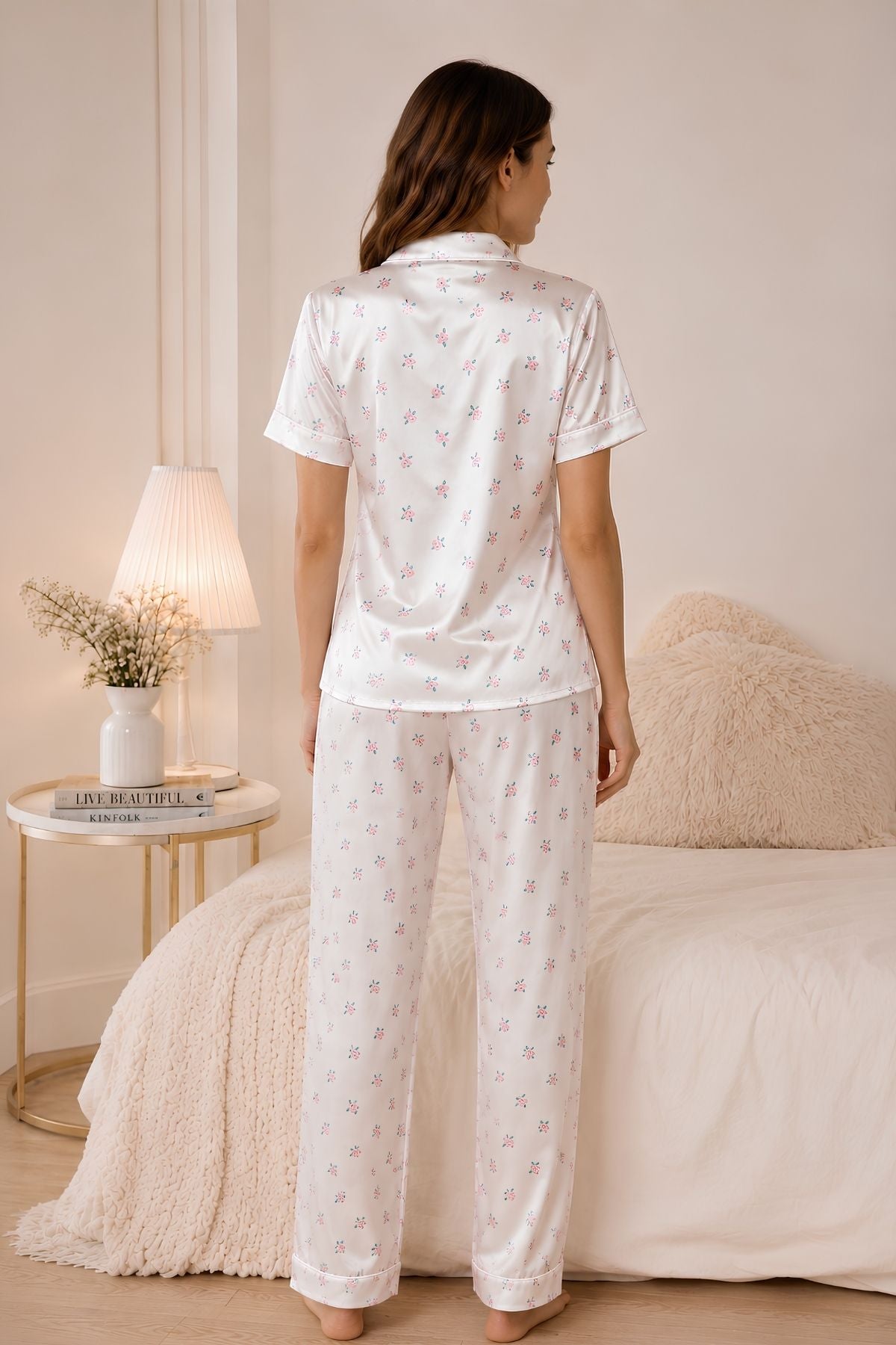PIJAMA SATIN PANTALON MANGAS FLORES
