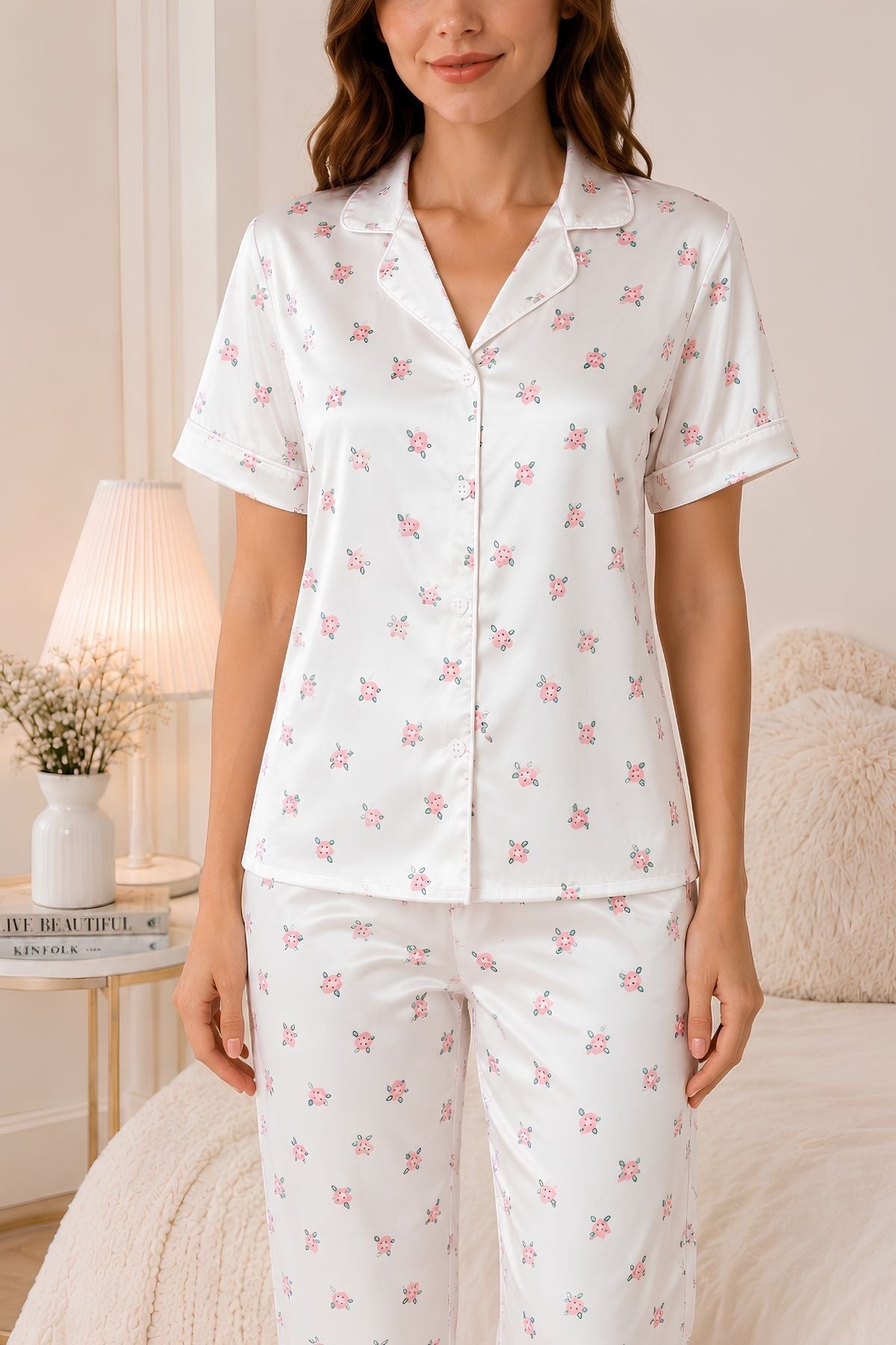 PIJAMA SATIN PANTALON MANGAS FLORES
