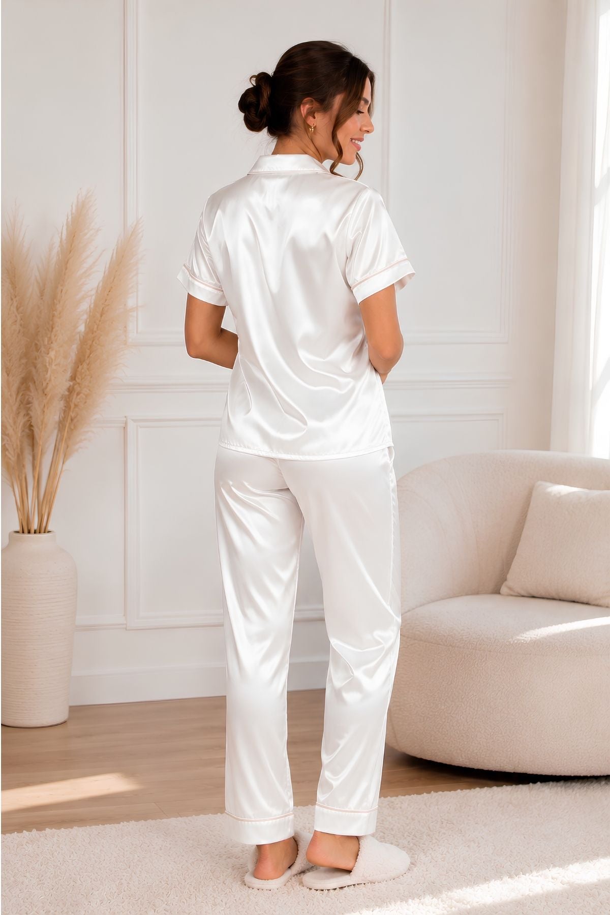 PIJAMA SATIN PANTALON MANGAS BLANCA