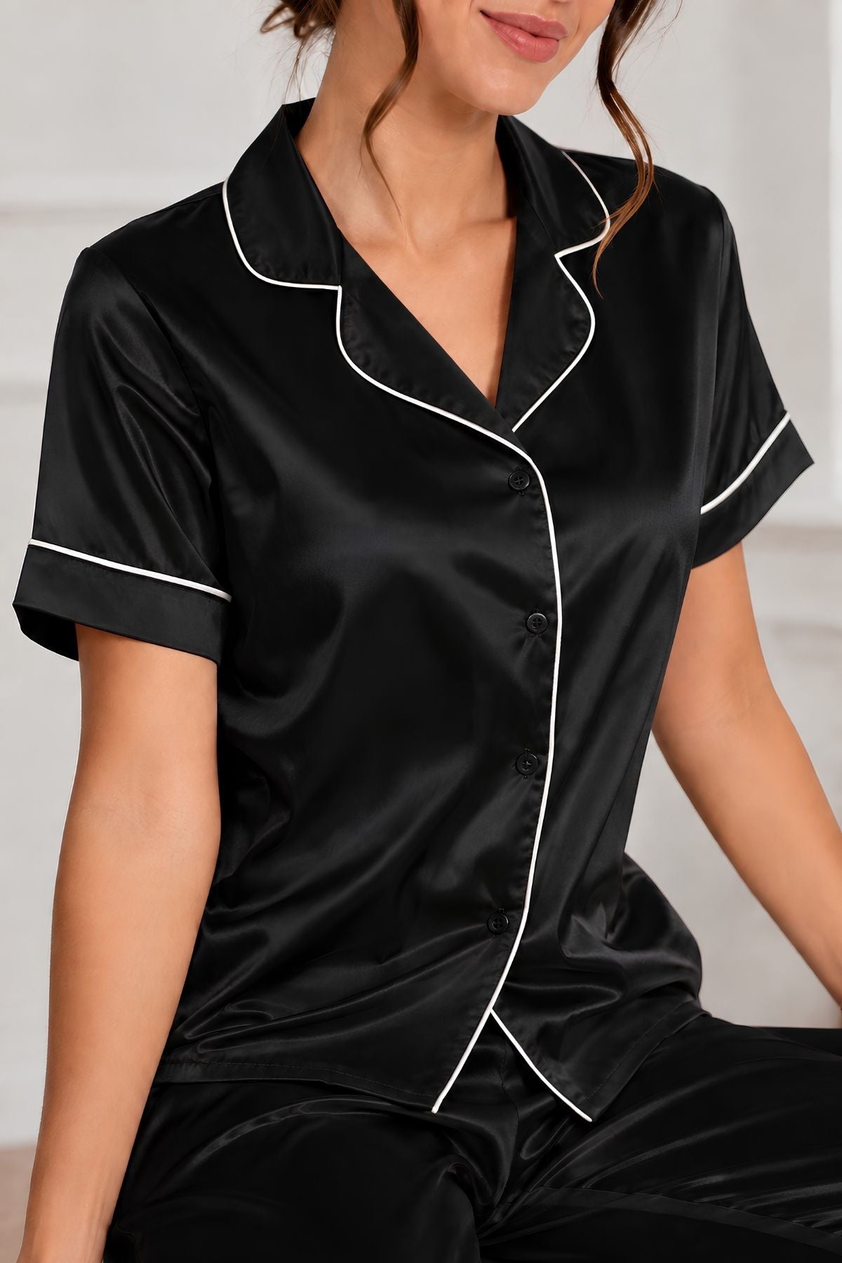 PIJAMA SATIN PANTALON MANGAS NEGRA