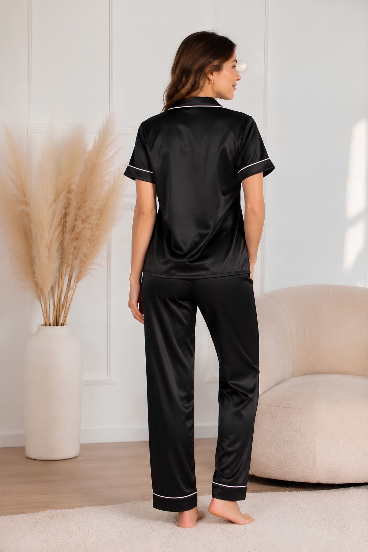 PIJAMA SATIN PANTALON MANGAS NEGRA