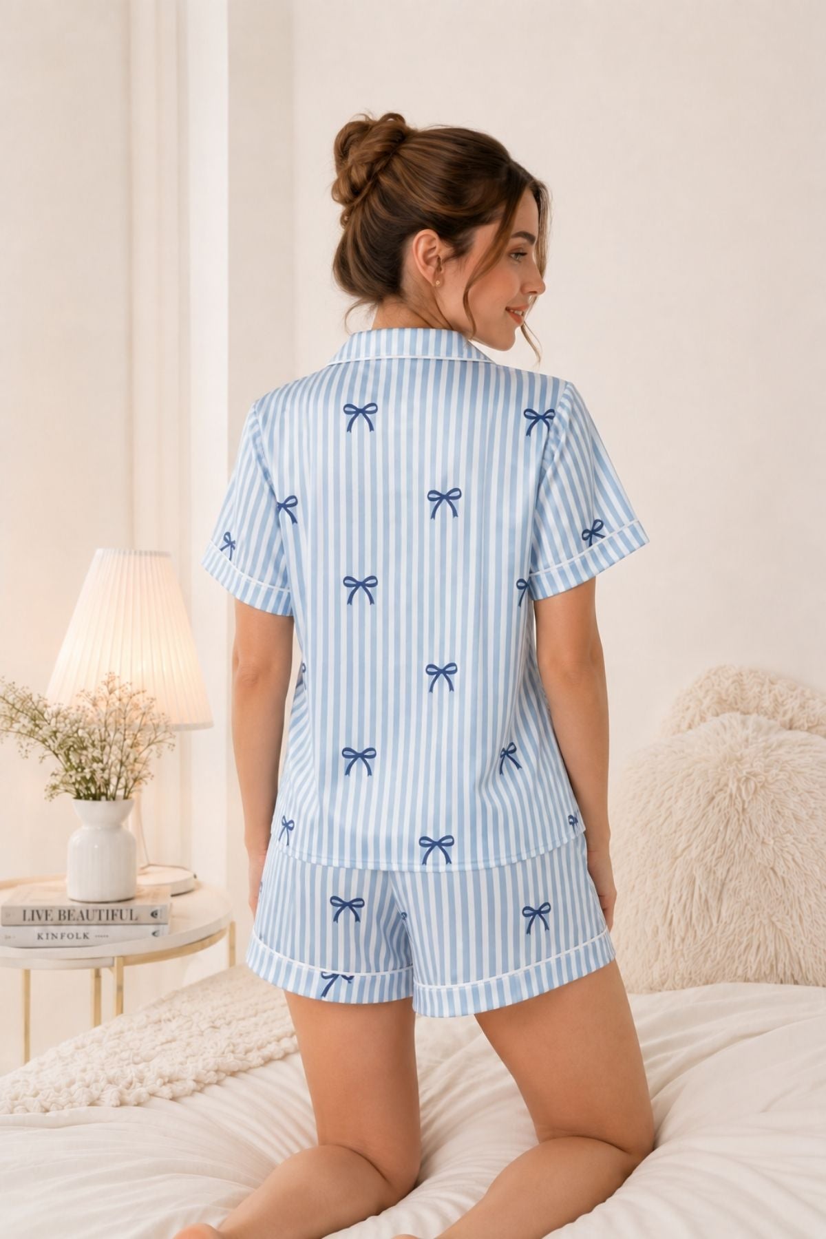 PIJAMA SATIN SHORT MANGAS LAZOS BLUE
