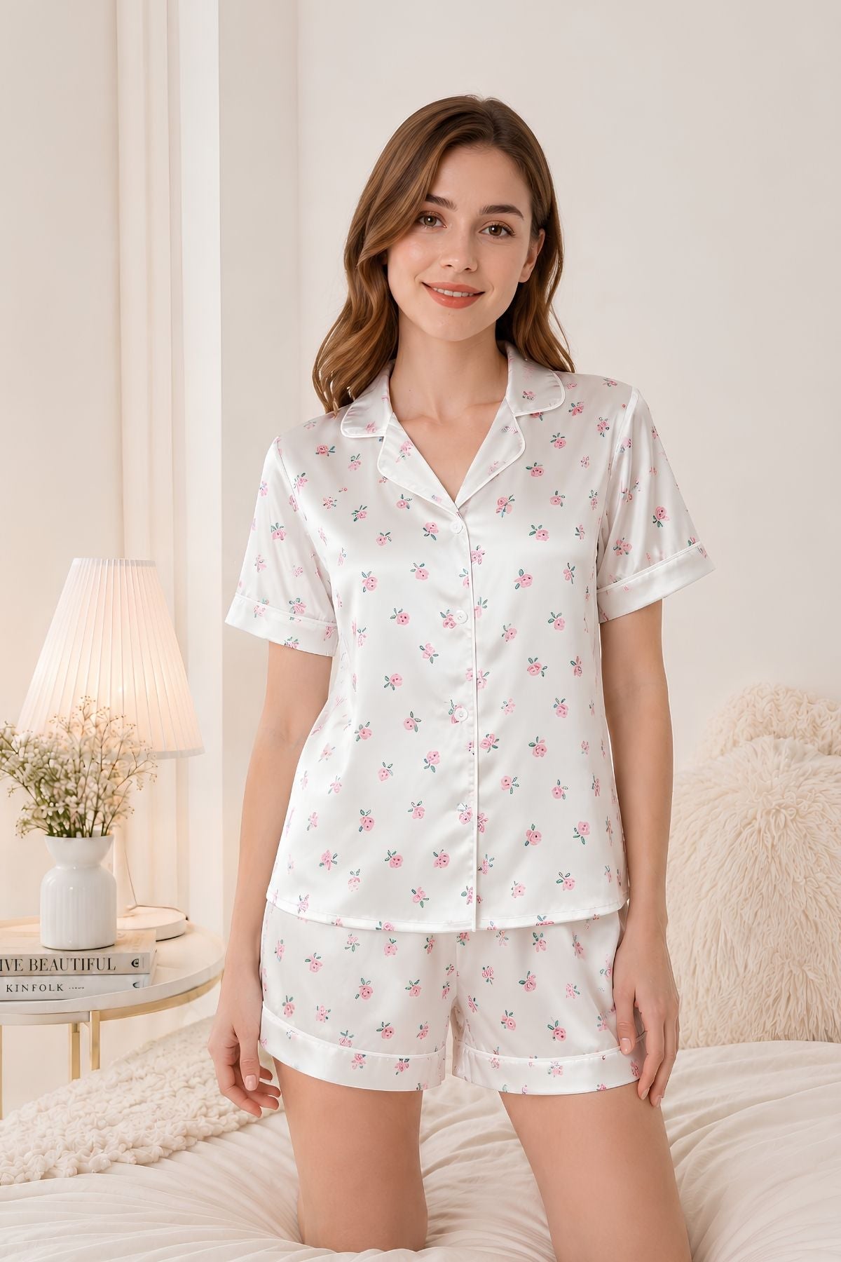 PIJAMA SATIN SHORT MANGAS FLORES