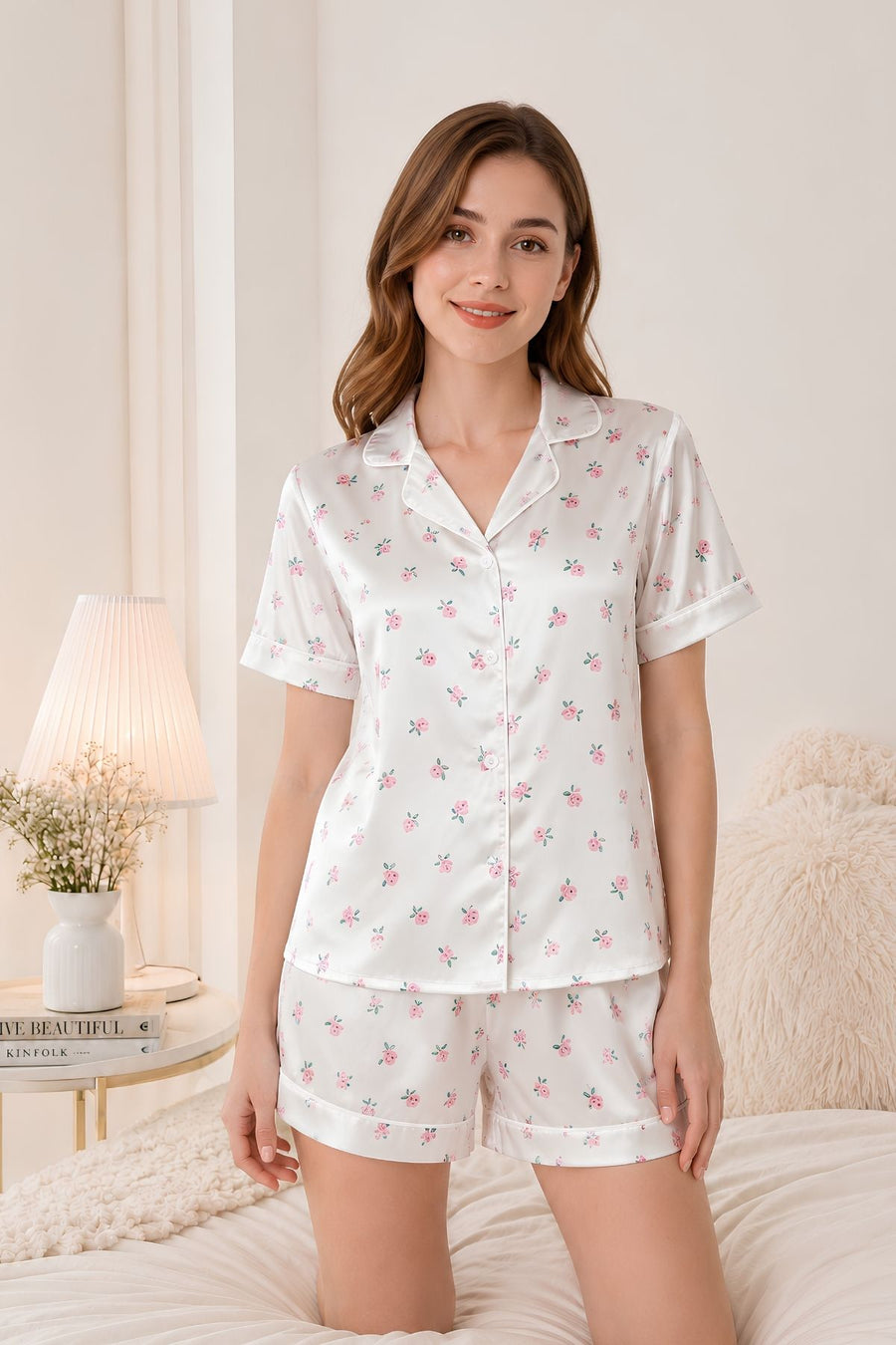 PIJAMA SATIN SHORT MANGAS FLORES
