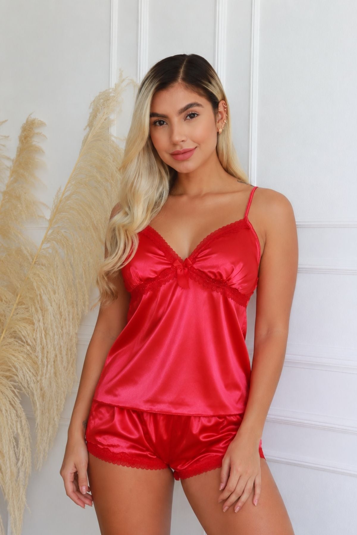 PIJAMA SATIN BLONDA TIRAS SHORT ROJO