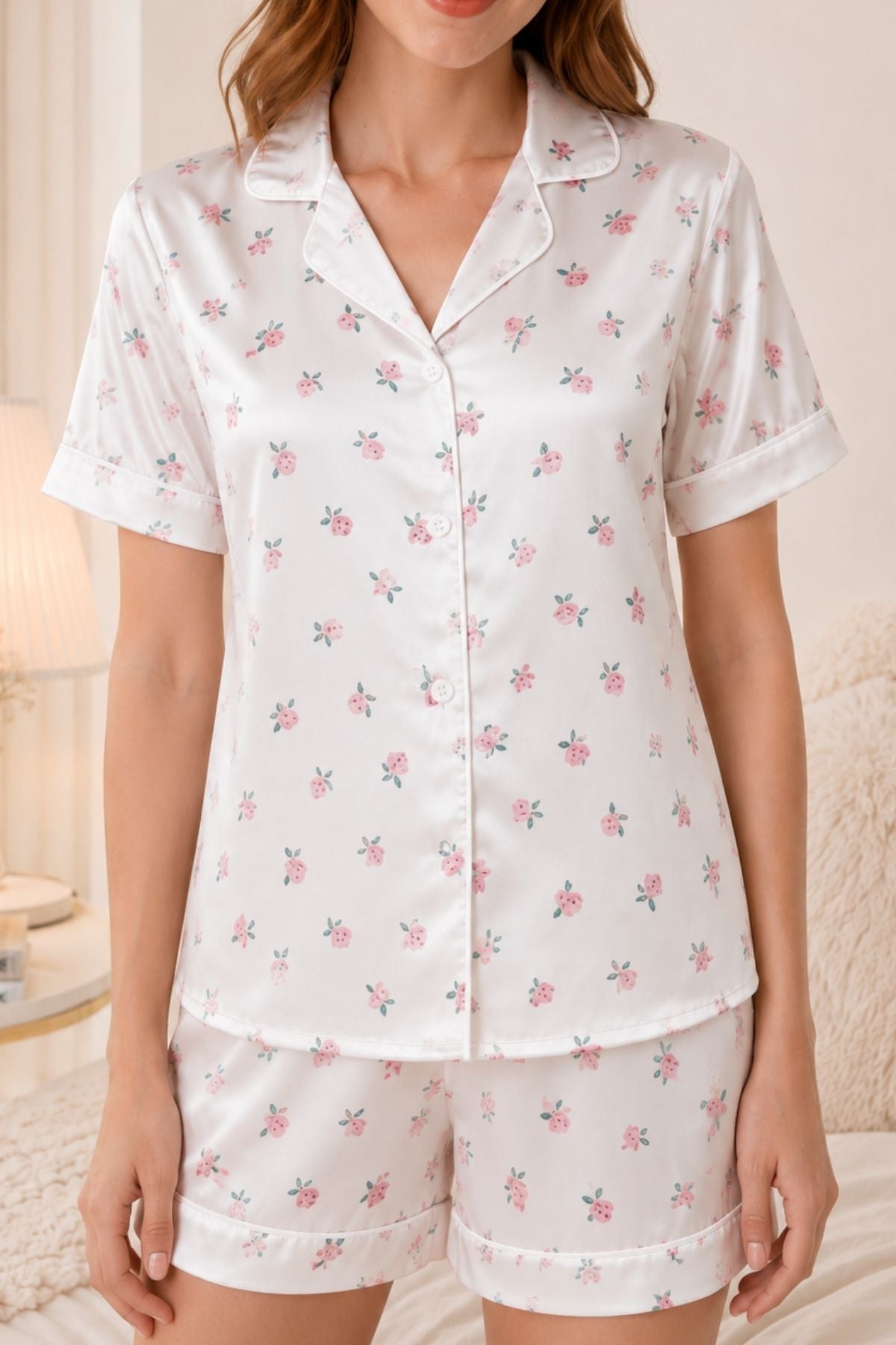 PIJAMA SATIN SHORT MANGAS FLORES