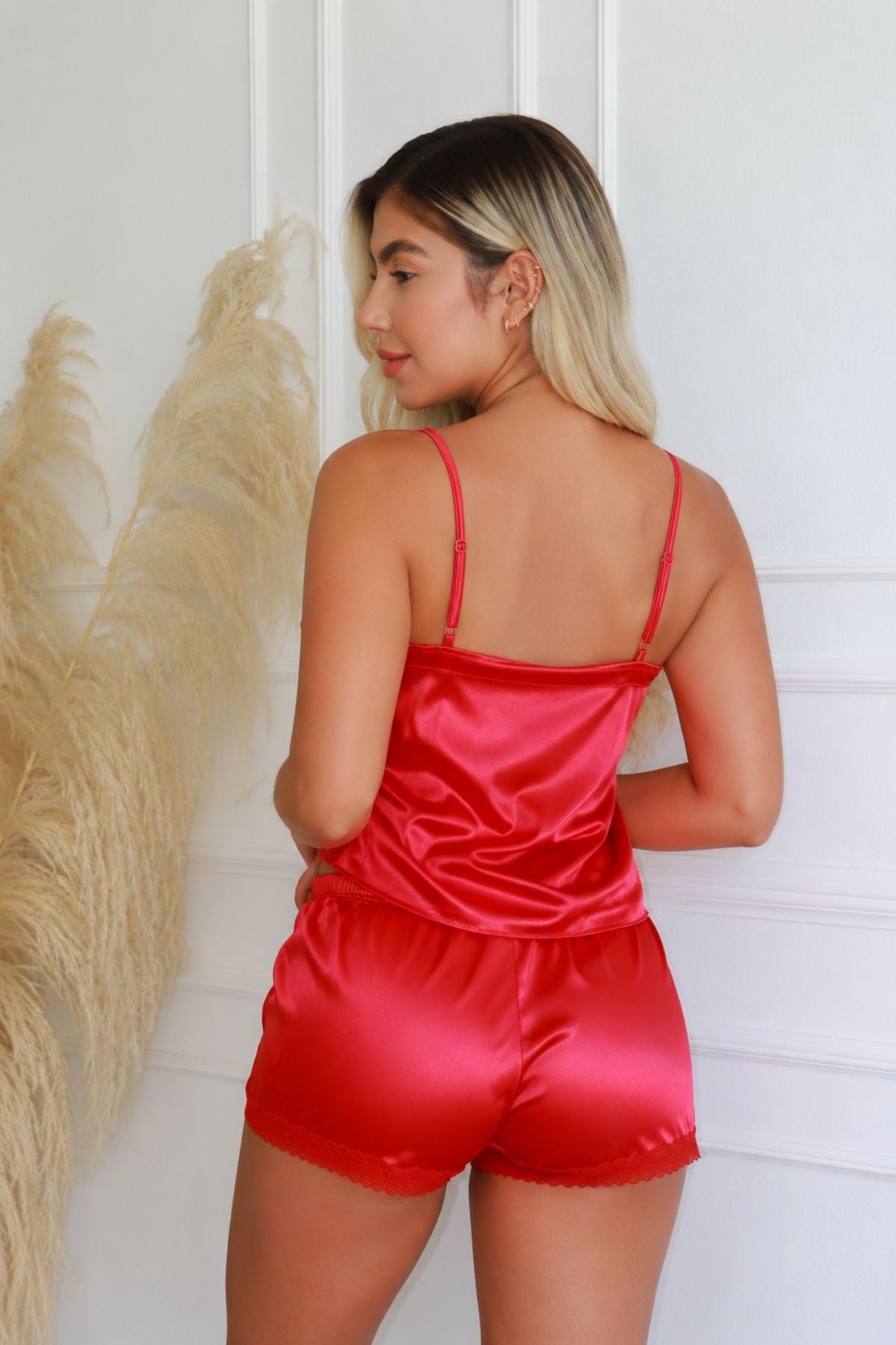 PIJAMA SATIN BLONDA TIRAS SHORT ROJO