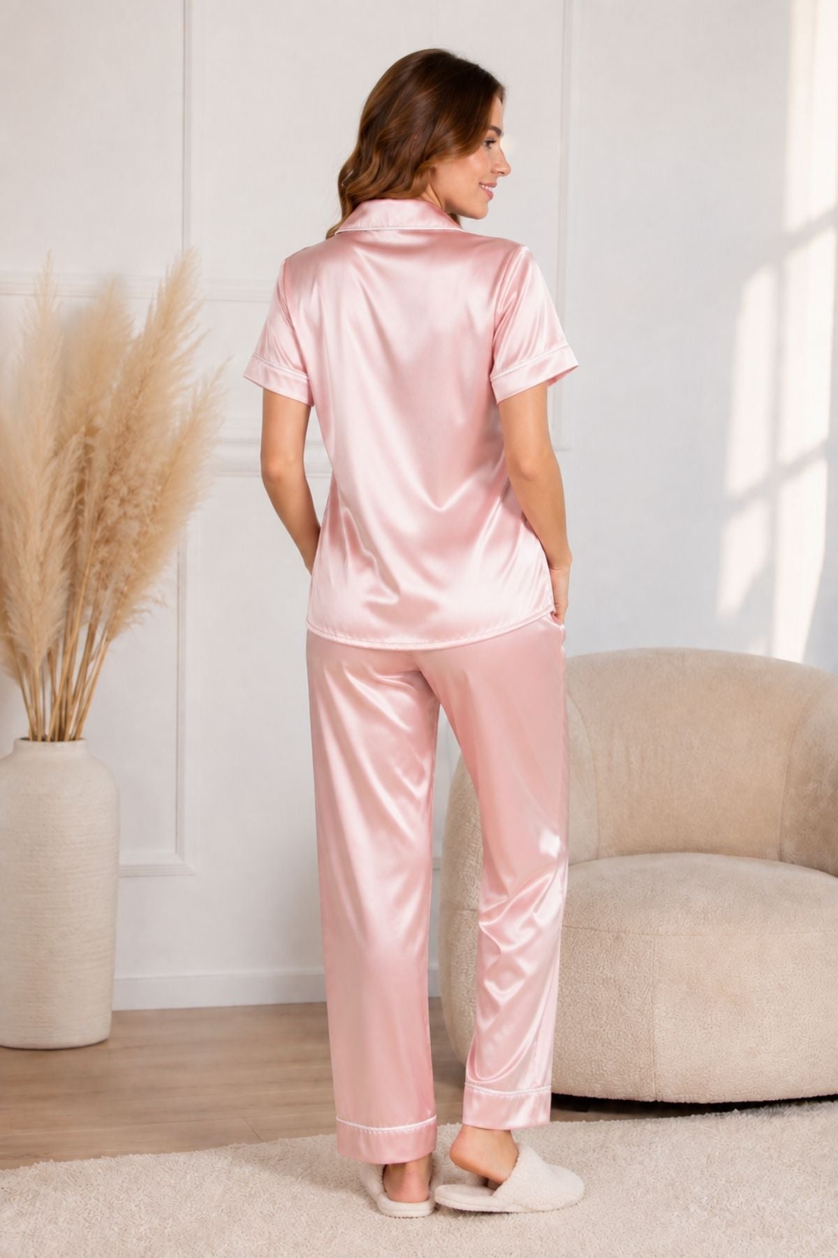 PIJAMA SATIN PANTALON MANGAS ROSA